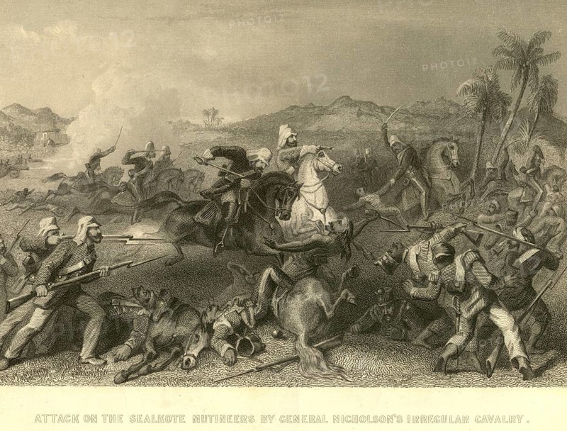 Military and munity mutiny views attack on Sealkote mutineers by general Nicholson's Irregular Cavalry, India