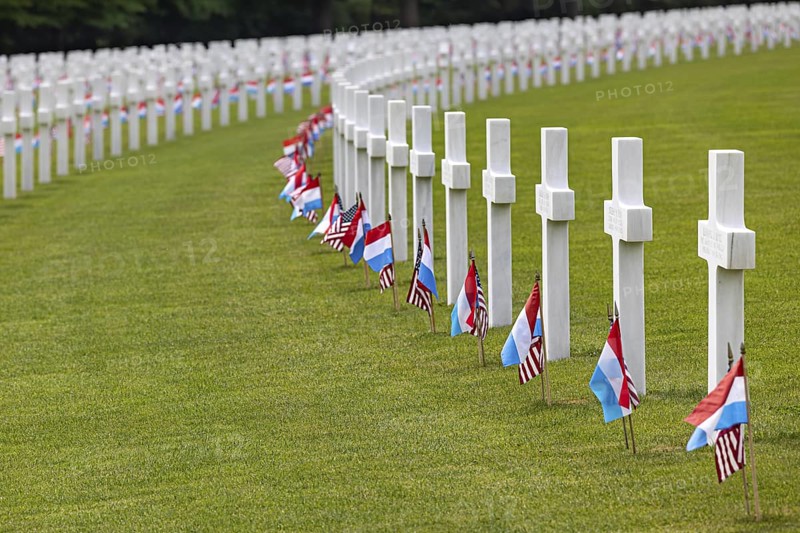 White crosses with Luxembourgish and American flags at a cemetery, Luxembourg American Cemetery and Memoria, Luxembourg, Grand Duchy of Luxembourg