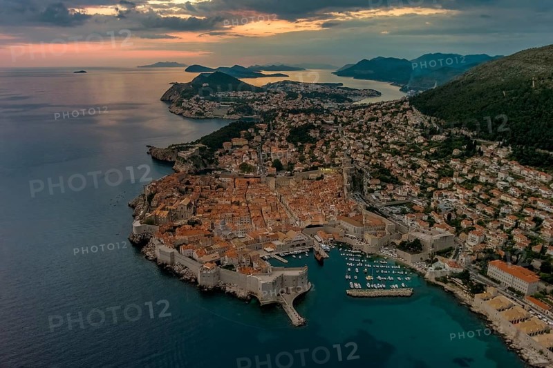 Aerial view of Dubrovnik after sunset, city in southern Croatia coast of Adriatic Sea