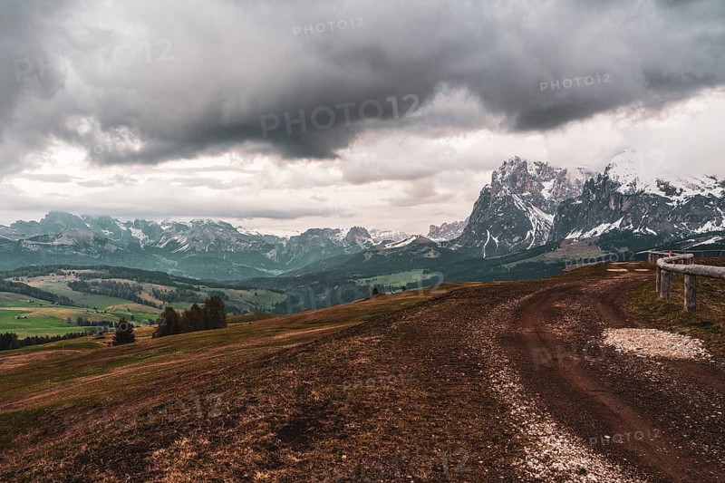 Panoramic view of the Langkofel Group from Seiser Alm in the Dolomites in South Tyrol, Italy