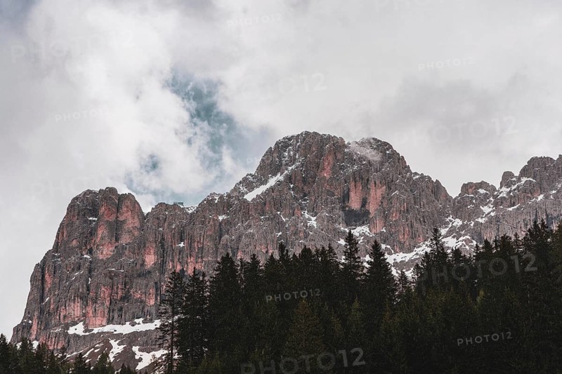 Panoramic view of the Rosengarten group mountain massif in the Dolomites in South Tyrol, Italy