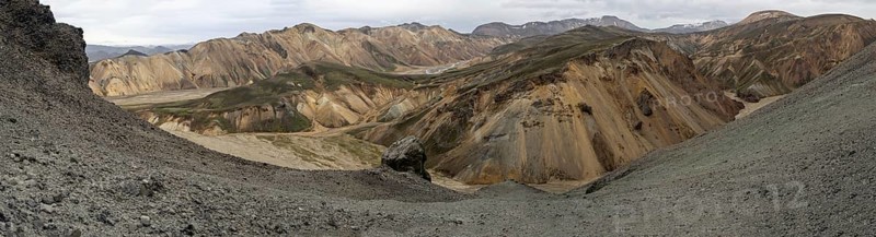 Rhyolite mountains, lava scree, panoramic view, Landmannalaugar, Fjallabak nature reserve, highlands, Iceland