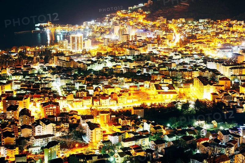 Night Budva, Montenegro. The new town, the view from the highest mountain
