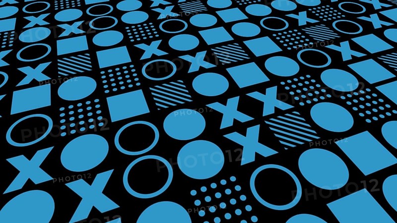 Repeating pattern of black and blue geometric shapes with circle, square and X abstract background