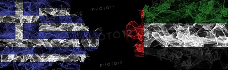 Flags of Greece and UAE on Black background, Greece vs United Arab Emirates Smoke Flags
