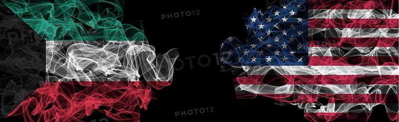 Flags of Kuwait and USA on Black background, Kuwait vs USA Smoke Flags
