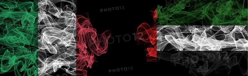 Flags of Italy and UAE on Black background, Italy vs United Arab Emirates Smoke Flags