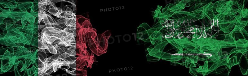 Flags of Italy and Saudi Arabia on Black background, Italy vs Saudi Arabia Smoke Flags