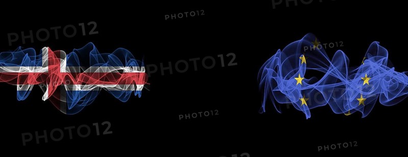 Flags of Iceland and the EU on a black background, Iceland vs. European Union Smoke Flags