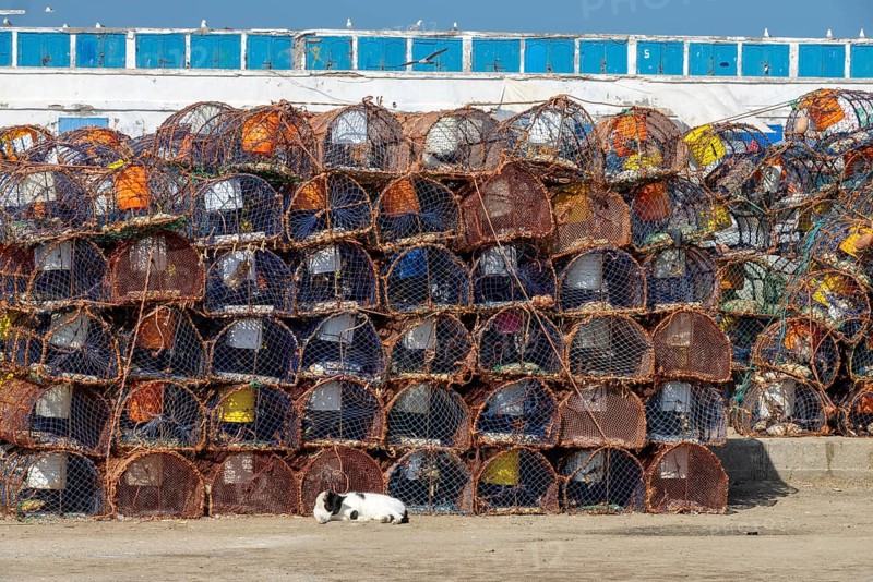 Stack of crab traps is Essaouira port, Morocco