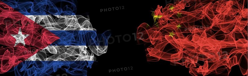 Flags of Cuba and China on Black background, Cuba vs China Smoke Flags
