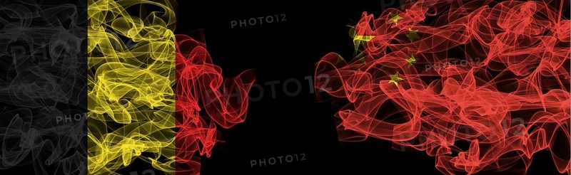 Flags of Belgium and China on Black background, Belgium vs China Smoke Flags