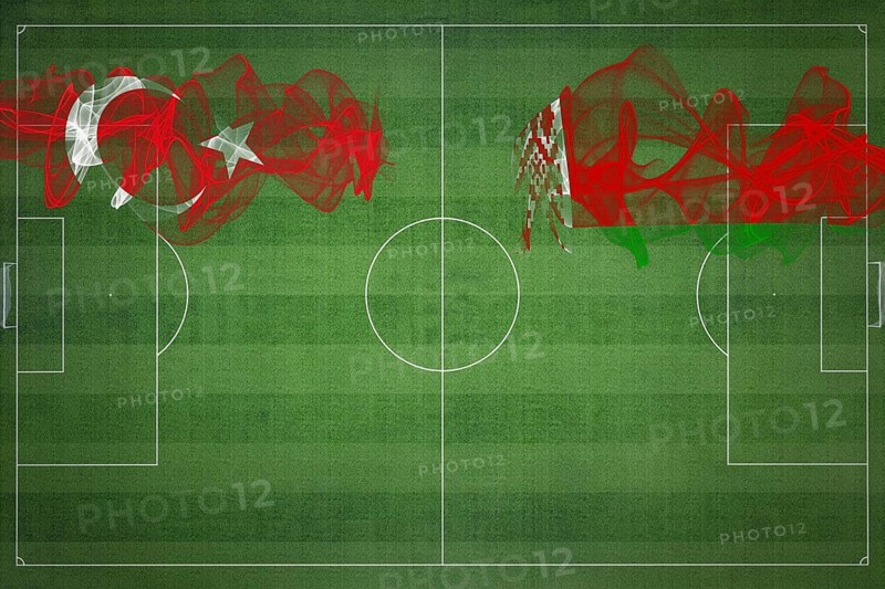 Turkey vs Belarus Soccer Match, national colors, national flags, soccer field, football game, Competition concept, Copy space