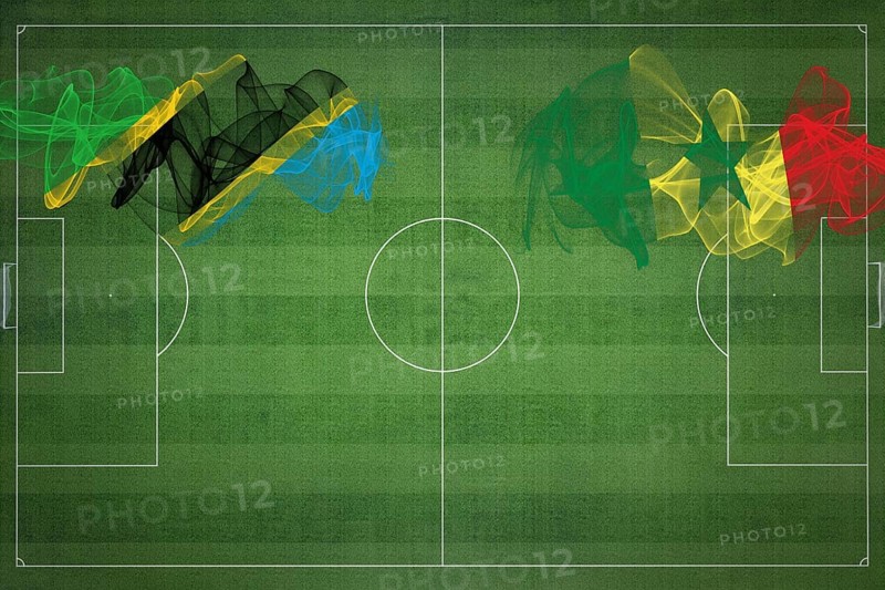 Tanzania vs Senegal Soccer Match, national colors, national flags, soccer field, football game, Competition concept, Copy space