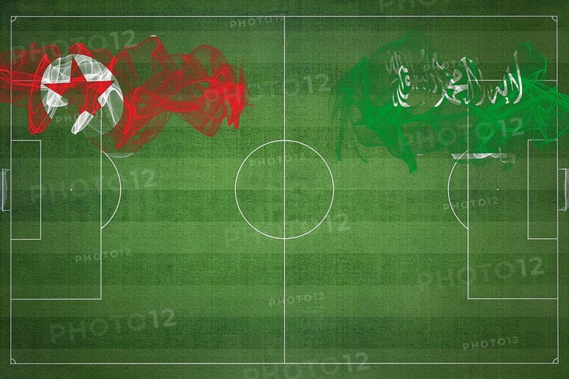 North Korea vs Saudi Arabia Soccer Match, national colors, national flags, soccer field, football game, Competition concept, Copy space