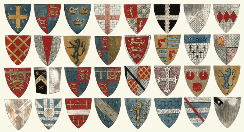 Armorial Bearings, coats of arms from St Stephen's Chapel, old Palace of Westminster, London, England, United Kingdom