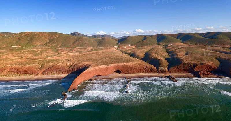Aerial view on Legzira beach with arched rocks on the Atlantic coast in Morocco