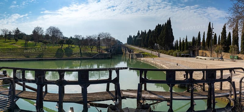 Beziers, France, 2 March, 2023: panorama view of the landmark Fonseranes staircase locks on the Canal du Midi near Beziers