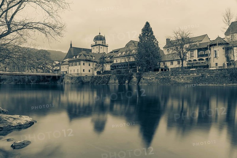 Schwammerlturm, old town centre on the river Mur, long exposure, Leoben, Styria, Austria