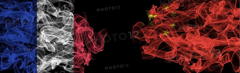 Flags of France and China on Black background, France vs China Smoke Flags