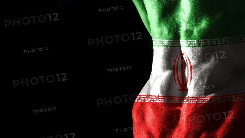 Iran flag on abs muscles national sport workout, bodybuilding concept, black background