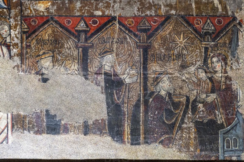 Adoration of the three wise men, altar frontal of Santa Maria de Iguacel, XIII century, tempera painting on pine wood, Diocesan Museum of Jaca, Huesca, Spain
