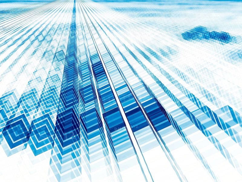 Blue and white cubes background - abstract computer-generated image. Digital art: way consist of blocks. Backdrop for desktop wallpaper, web design, flyers