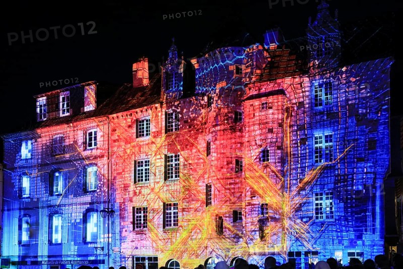 Projections on the façade of the Maison de la Duchesse Anne, light show at the turn of the year in the old town centre of Landerneau, Finistere Penn-ar-Bed department, Bretagne Breizh region, France