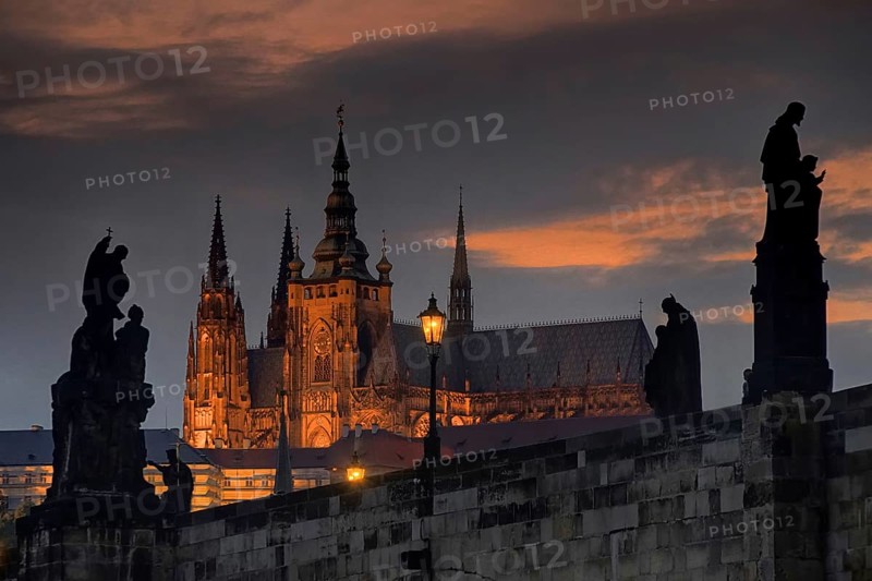 Charles Bridge and Hradcany by night, Prague, Czech Republic