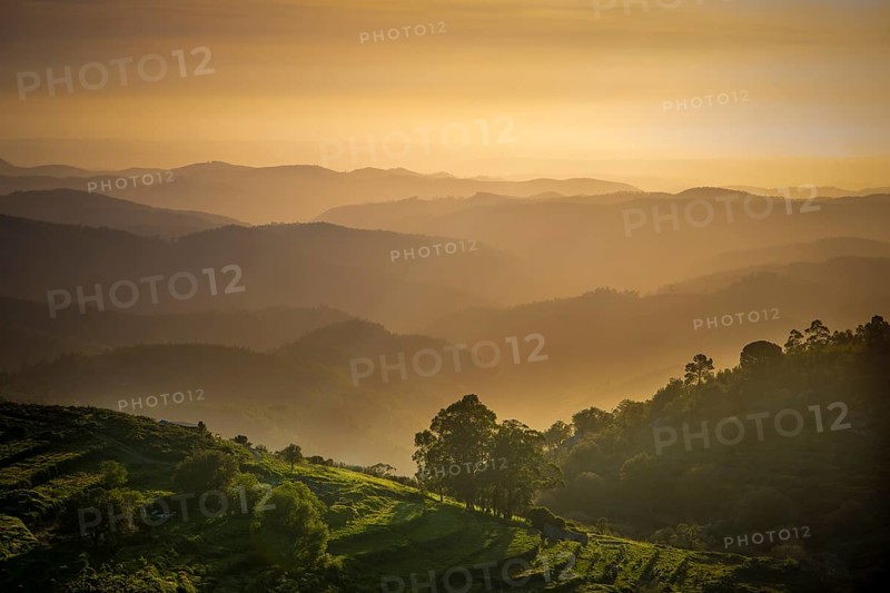Sunset valley view with terraced fields of Serra de Monchique near mount Foia in the Algarve region in Portugal. Beauty in nature