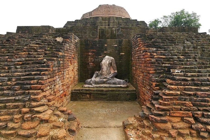 Statue of lord Buddha, Buddhist site stupa is 1400 feet-edge & 51 feet-high, Kesariya, Bihar, India