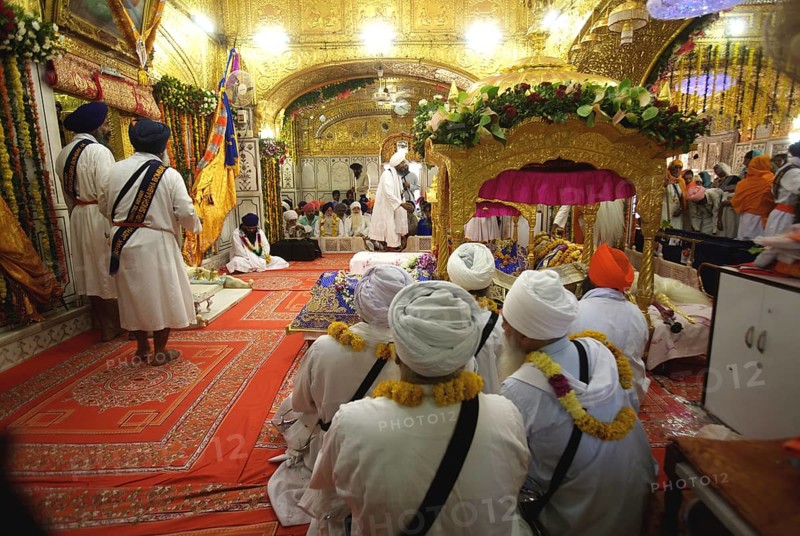 Sikh clerics sitting, celebrations consecration of perpetual Guru Granth Sahib Sikh, Sachkhand Saheb Gurudwara in Nanded