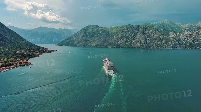 Aerial view of cruise ship in the Bay of Kotor, Montenegro