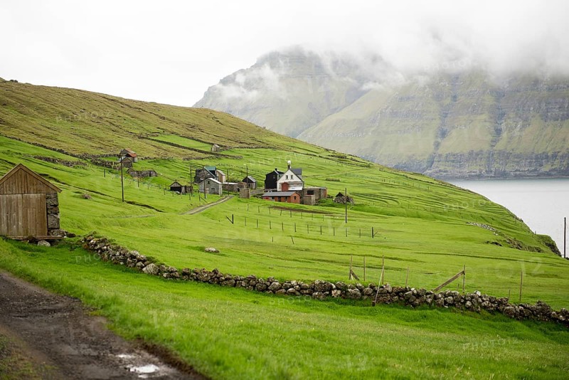 The village Muli on the Faroe Islands with green grass and few houses, Muli, Faroe Islands