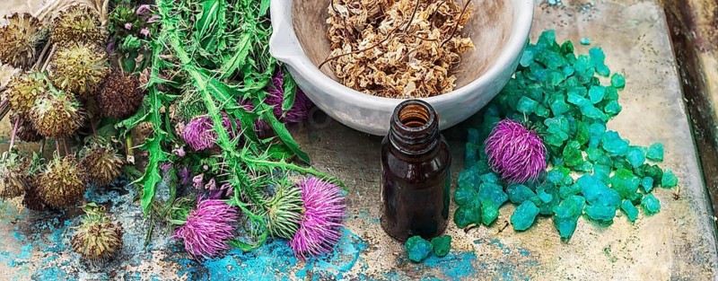 Mineral perfume salt and other ingredients for Spa treatments.Photo tinted