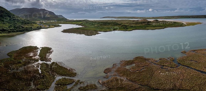 A panorama drone landscape view of Loughros Beg Bay and Maghera Beach near Ardara in Country Donegal in northwestern Ireland
