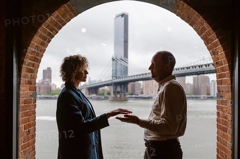 People by the window with Manhattan Bridge in the background, Brooklyn District in New York City - US