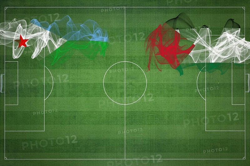 Djibouti vs Palestine Soccer Match, national colors, national flags, soccer field, football game, Competition concept, Copy space
