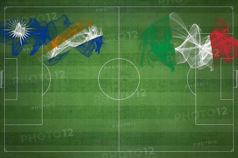 Marshall Islands vs Italy Soccer Match, national colors, national flags, soccer field, football game, Competition concept, Copy space