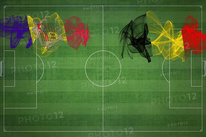 Andorra vs Belgium Soccer Match, national colors, national flags, soccer field, football game, Competition concept, Copy space