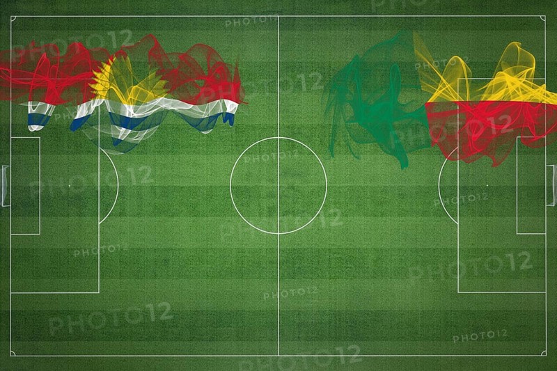 Kiribati vs Benin Soccer Match, national colors, national flags, soccer field, football game, Competition concept, Copy space
