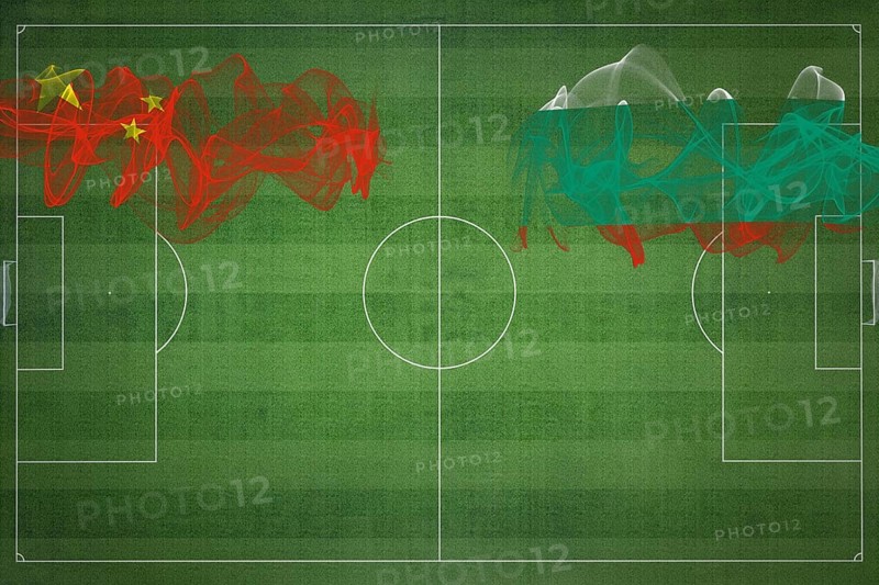 China vs Bulgaria Soccer Match, national colors, national flags, soccer field, football game, Competition concept, Copy space