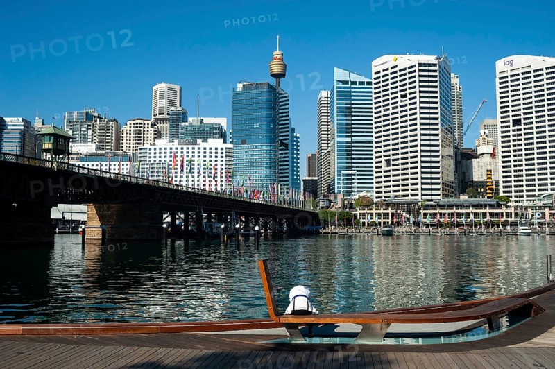 2018-09-18, Sydney, New South Wales, Australia, A view from Darling Harbour to the skyline of Sydney's business district with the Pyrmont Bridge and Sydney Tower in the distance