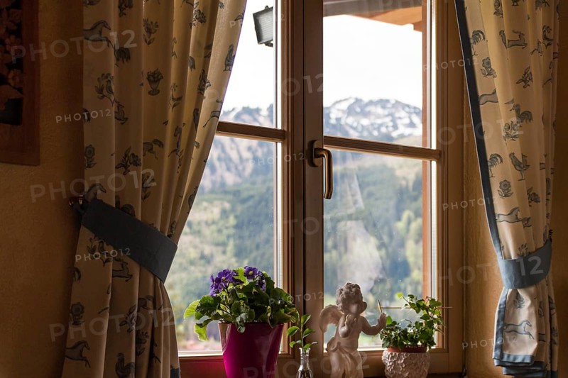 Decorative window with a view of the Tannheimer Tal, Tyrol, Austria, spring