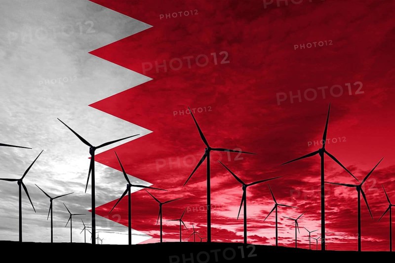Bahrain flag wind farm at sunset, sustainable development, renewable energy Wind Turbines