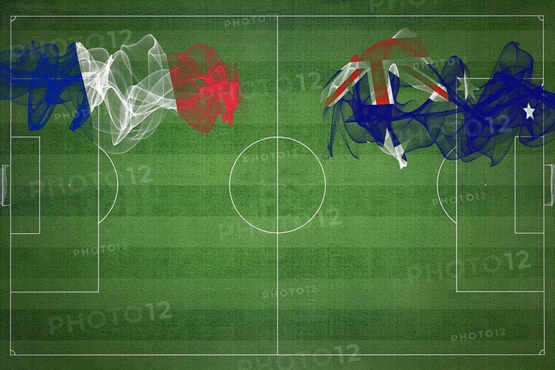 France vs Australia Soccer Match, national colors, national flags, soccer field, football game, Competition concept, Copy space