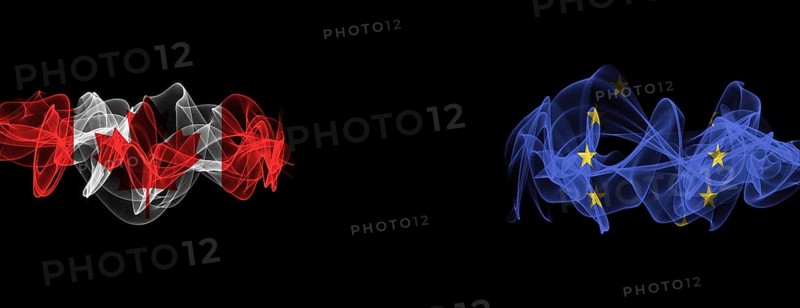 Flags of Canada and EU on Black background, Canada vs Europe Union Smoke Flags