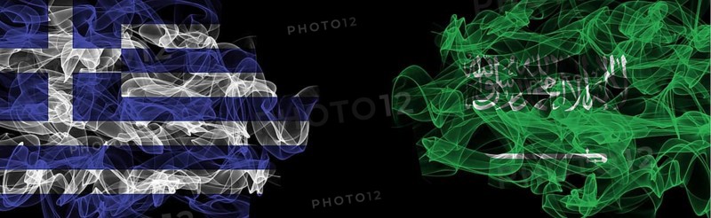 Flags of Greece and Saudi Arabia on Black background, Greece vs Saudi Arabia Smoke Flags