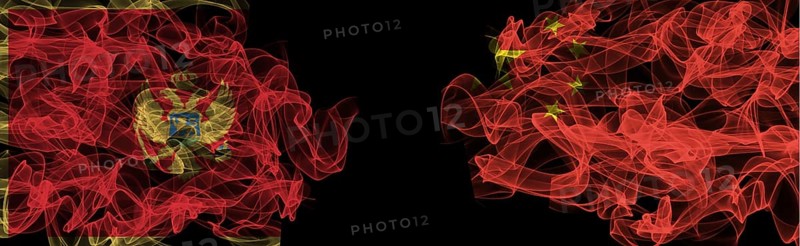 Flags of Montenegro and China on Black background, Montenegro vs China Smoke Flags