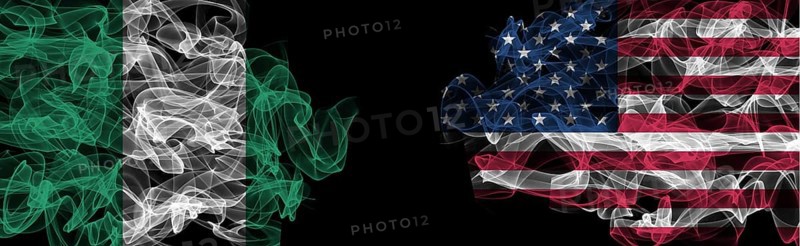 Flags of Nigeria and USA on Black background, Nigeria vs USA Smoke Flags